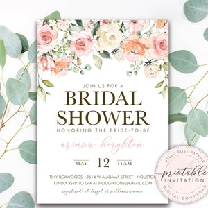 Gold Foil Romantic Rustic Eucalyptus Flowers Floral Blush White Watercolor Bridal Shower Invitation Printable Digital Download PDF