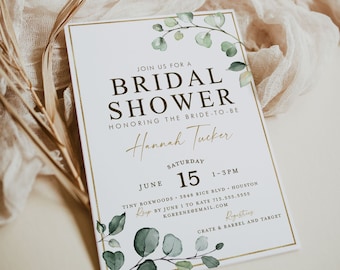 Bridal Shower Printable Invitation . Greenery and Gold . Rustic Boho Eucalyptus . Bachelorette Hens Party . Digital Download PDF . G2