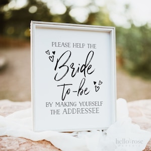 Helfen Sie der Braut, sich selbst zum Adressaten zu machen. Schreiben Sie Ihr Adresstabellenschild. Druckbare Hochzeit Bridal Shower. Sofort Download 8x10