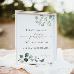 Personalized Hashtag Printable Sign . Please Tag Your Photos . Wedding Bridal Shower Bachelorette . Greenery + Gold . PRINTABLE Download G2