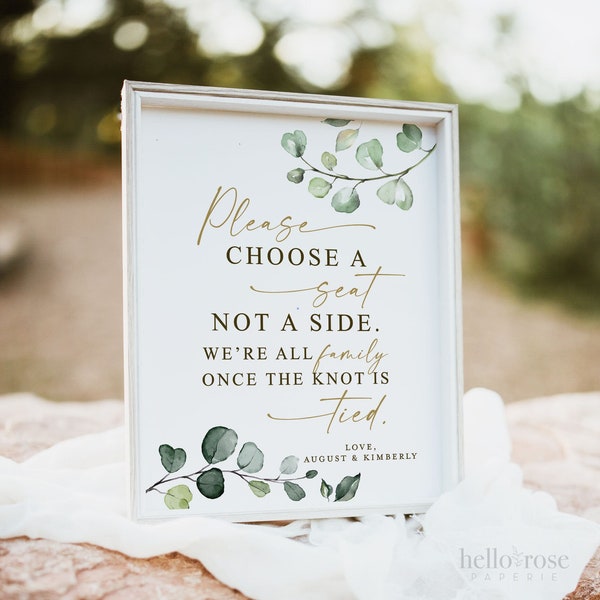 Choose a Seat Not a Side PRINTABLE Sign . Personalized Wedding Boho Poster . We're All Family . Greenery and Gold . Digital Download G2