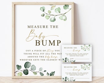 Measure the Baby Bump Baby Shower Game Sign + Cards . Boy Girl Neutral Baby Shower . Greenery and Gold Boho . 8x10 Sign Instant Download G2