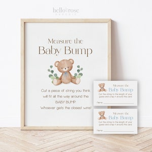Meça o sinal de jogo para impressão + cartas do ursinho de pelúcia Baby Bump. Chá de bebê menino azul. Podemos esperar. Verdura. Download instantâneo 8x10