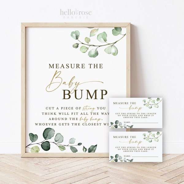 Measure the Baby Bump Baby Shower Game Sign + Cards . Boy Girl Neutral Baby Shower . Greenery and Gold Boho . 8x10 Sign Instant Download G2