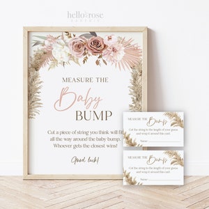 Meça o sinal + cartas do jogo Baby Bump Baby Shower. Chá de bebê menina. Boho Pampas Grass Rosa Floral. Download instantâneo do sinal 8x10