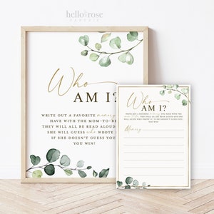 Cartel + tarjetas del juego imprimible Who Am I Baby Shower Sprinkle. Recuerdos favoritos con la futura mamá. Verde y oro. Descarga instantánea G2