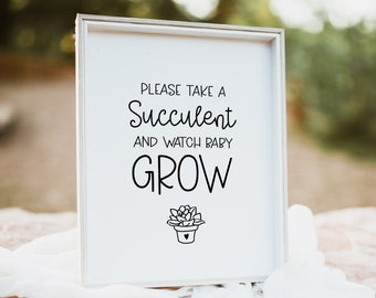 Please Take a Succulent and Watch Baby Grow Baby Shower Favors Sign . Boy Girl . Kraft + Black & White . Printable 8x10 Instant Download K4