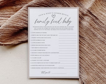 Familjefejd, könsavslöjande babyshowerspel. Pojke/Flicka, Neutral Boho. UTSKRIVBAR Redigerbar mall, Direktnedladdning. Mall GR-T