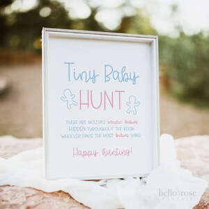 May include: A white sign with a pink and blue baby outline graphic and the text "Tiny Baby HUNT". The sign also includes the text "There are multiple plastic babies hidden throughout the room. Whoever finds the most babies wins! Happy hunting!"