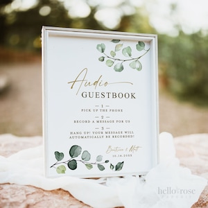Audio Guestbook Telephone Personalized Wedding Sign . Wedding Guest Book Alternative . Greenery and Gold . Printable Digital Download G2