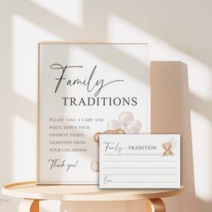 Family Traditions Baby Shower Printable Sign + Cards, Teddy Bear with White Balloons, Boy Girl, Can Bearly Wait, Template Download Templett