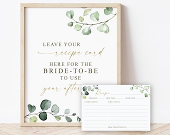 Recipe Cards and Sign Bridal Shower Printable . Leave Your Recipe Card Here for the Bride . Greenery and Gold . Instant Download G2