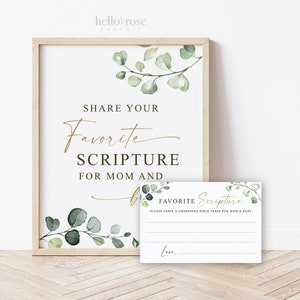 Escritura favorita para tarjetas y letreros de mamá y bebé imprimibles. Oro verde. Juego de baby shower. Versículo bíblico favorito. Descarga instantánea G2