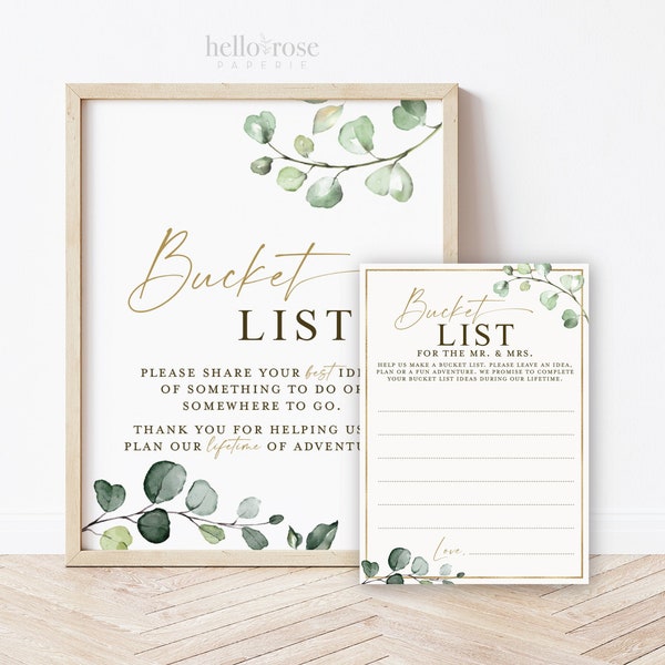 Bucket List for the Mr and Mrs Newlywed Couple Card + Sign . Wedding Bridal Shower Printable . Greenery + Gold . Instant Download G2