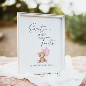 Sweets and Treats Baby Shower Favors Printable Sign, Bear with Pink Balloons, Girl Baby Shower, Baby Sprinkle, Template Download Templett