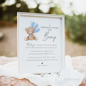 Uma mensagem do sinal de chá de bebê Bump, sinal de colisão, mensagem do bebê, balões azuis de urso, chá de bebê de menino, download de modelo para IMPRIMÍVEL