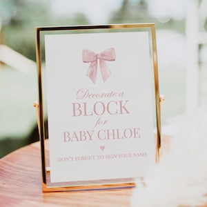 Dekorieren Sie einen Block für Baby-Zeichen, rosa Bogen-Babyparty, Baby-Block-Dekorationsspiel, Mädchen-Baby, bearbeitbare Vorlage Digitaler Download TEMPLETT