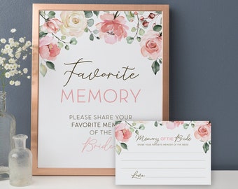 Cartes mémoire préférées de la mariée + signe 8 x 10 imprimable. Aquarelle florale rose. Douche nuptiale Enterrement de vie de jeune fille. Téléchargement instantané