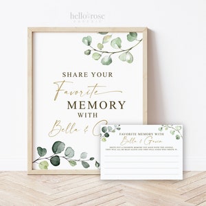 Personalisierte Lieblingserinnerung mit dem Paar Karten + Schild. DRUCKBAR. Grün + Gold. Brautparty Bachelorette. Sofort Download G2