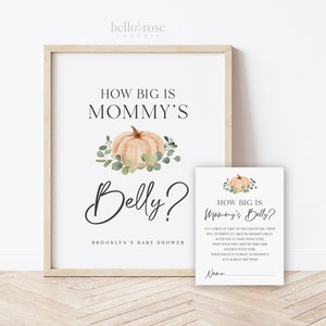 How Big is Mommy's Belly Baby Shower Game Sign + Card . Little Pumpkin Greenery . PRINTABLE Editable Template Instant Download Templett P2-T