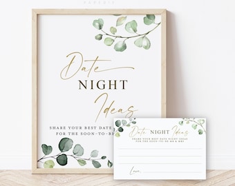 Date Night Ideas Cards and Sign Printable . Date Box or Jar . Greenery + Gold . Bridal Shower Bachelorette Hens Party . Instant Download G2