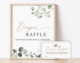 Diaper Raffle Game Sign and Cards . Boy Girl Neutral Baby Shower . Greenery and Gold Boho Rustic . 8x10 Sign Instant Download G2