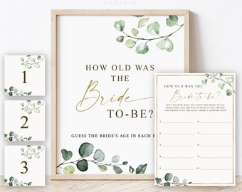 How Old Was the Bride to Be Game Age Guess Cards + Sign Printable . Greenery + Gold . Bridal Shower Bachelorette Party . Instant Download G2