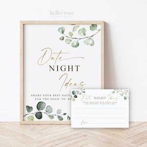 Date Night Ideas Cards and Sign Printable . Date Box or Jar . Greenery + Gold . Bridal Shower Bachelorette Hens Party . Instant Download G2