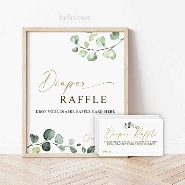 Diaper Raffle Game Sign and Cards . Boy Girl Neutral Baby Shower . Greenery and Gold Boho Rustic . 8x10 Sign Instant Download G2