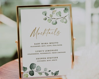 Mocktails Bar Sign . Greenery + Gold . Wedding Engagement Bridal Baby Shower Bachelorette Party . Template Instant Download Templett G2-T