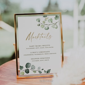 Mocktails Bar Sign . Greenery + Gold . Wedding Engagement Bridal Baby Shower Bachelorette Party . Template Instant Download Templett G2-T