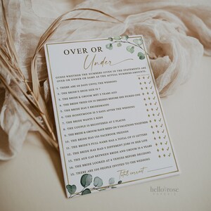 Over or Under Bridal Shower Hens Bachelorette Game . Greenery + Gold ...