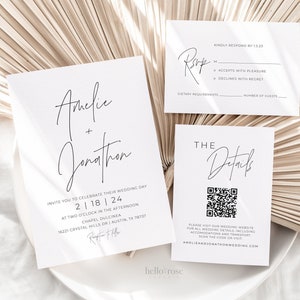 Wedding Invitation Template Suite with RSVP, Details, QR Code . Minimalist Modern Wedding Set . Editable Instant Download . Templett PENNY