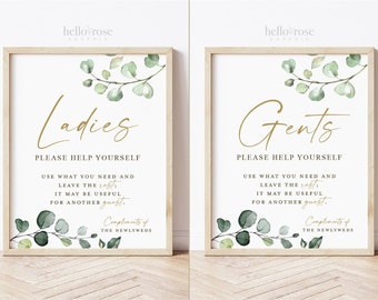 Wedding Bathroom Basket Printable Signs . Ladies and Gents Wedding Restroom . Please Help Yourself . Greenery and Gold . Instant Download G2