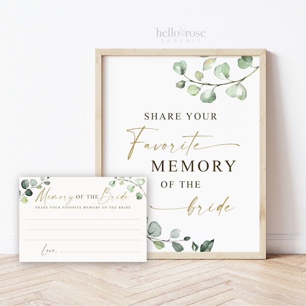 Favorite Memory of the Bride Cards + Sign Printable . Greenery and Gold . Bridal Shower Bachelorette Hens Party . Instant Download G2