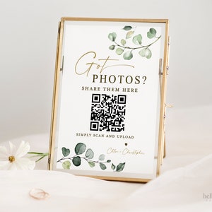 Hochzeitsempfang QR Code Zeichen. Hast du Fotos? . Teilen Sie die Love Photos Printable Template. Grün und Gold. Sofort Download Templett G2-T