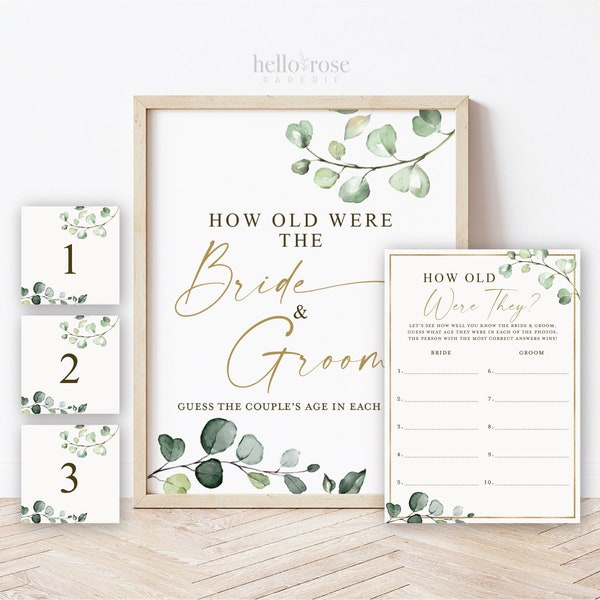 How Old Were They . Bride and Groom Age Game Guess Cards + Sign Printable . Greenery + Gold . Bridal Shower Bachelorette Party . Download G2