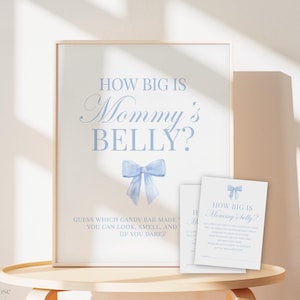 ¿Qué tan grande es la barriga de mamá? Juego de baby shower con lazo azul, juego de adivinar el tamaño de la barriga, bebé niño, plantilla editable, descarga digital TEMPLETT