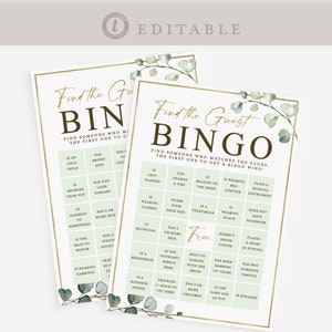 Find the Guest Bingo Pre Filled Unique Game Cards . Bridal Shower . Greenery Gold PRINTABLE Editable Template Instant Download Templett G2-T