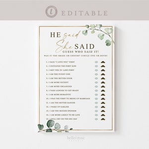 He Said She Said Who Said It Bridal Shower Bachelorette Game . Greenery + Gold . PRINTABLE Editable Template Instant Download Templett G2-T