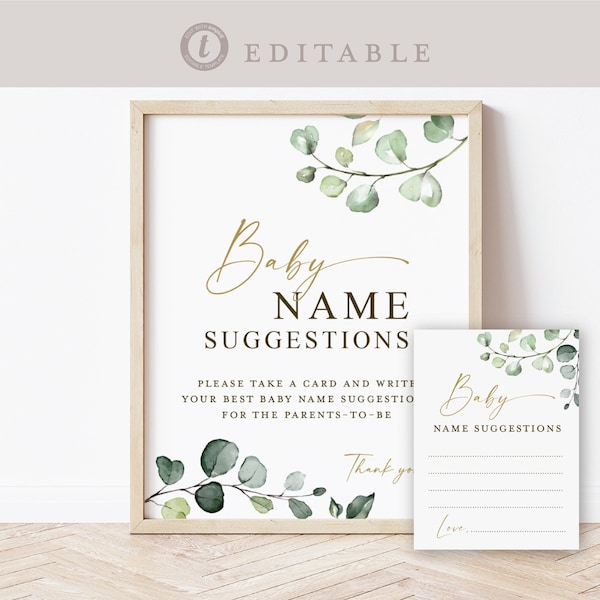Baby Name Suggestions Printable Baby Shower Game . Sign + Card . Greenery Gold . PRINTABLE Editable Template Instant Download Templett G2-T
