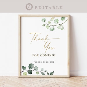 Thank You for Coming Please Take One Sign . Greenery + Gold . Baby Bridal Shower Wedding Party . Template Instant Download Templett G2-T