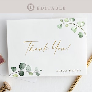Thank You Card Template for Wedding Bridal Baby Shower Small Business . Greenery Gold . PRINTABLE Editable Templett Instant Download . G2-T