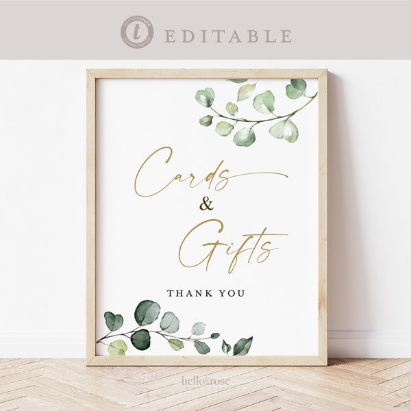 Cards and Gifts . Editable Printable Sign . Greenery + Gold . Baby Bridal Shower Wedding Party . Template Instant Download Templett G2-T
