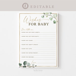 Wishes for Baby Personalized Printable Game . Gender Neutral Greenery + Gold . PRINTABLE Editable Template . Instant Download Templett G2-T