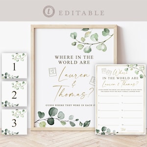Where in the World Are They Bridal Couples Shower Game . Greenery + Gold . PRINTABLE Editable Template . Instant Download Templett G2-T