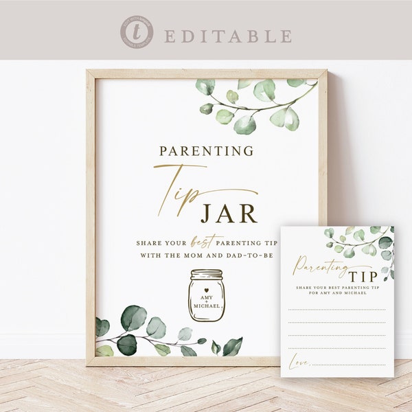 Parenting Tips Jar . Personalized Baby Shower Game . Sign + Card . Greenery + Gold . PRINTABLE Editable Template Download Templett G2-T