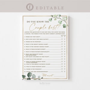 Do You Know the Couple Best Bridal Shower Bachelorette Game . Greenery + Gold . PRINTABLE Editable Template Instant Download Templett G2-T