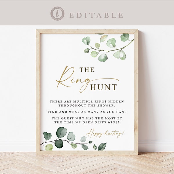 The Ring Hunt Game Sign . Bridal Shower Bachelorette Party . Greenery + Gold . PRINTABLE Editable Template Instant Download Templett G2-T