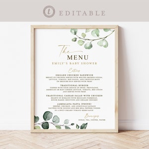 Menu Template Baby Shower . Greenery + Gold . Wedding Engagement Bridal Baby Shower Party . Editable Template Instant Download Templett G2-T